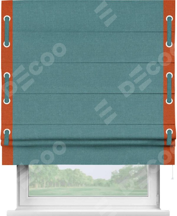 Римская штора «Кортин» с кантом Стрим Дуо (люверсы с пояском), для проема, ткань лён бирюзовый