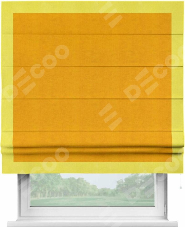 Римская штора «Кортин» с кантом Чесс, для проема, ткань вельвет желтый