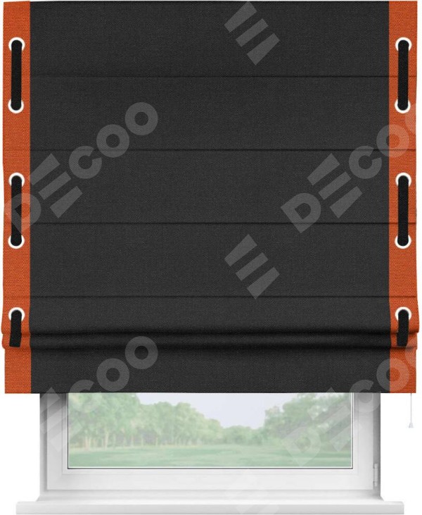 Римская штора «Кортин» с кантом Стрим Дуо (люверсы с пояском), для проема, ткань лён черный