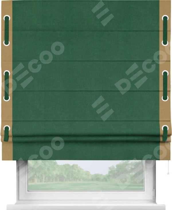 Римская штора «Кортин» с кантом Стрим Дуо (люверсы с пояском), для проема, ткань вельвет зеленый