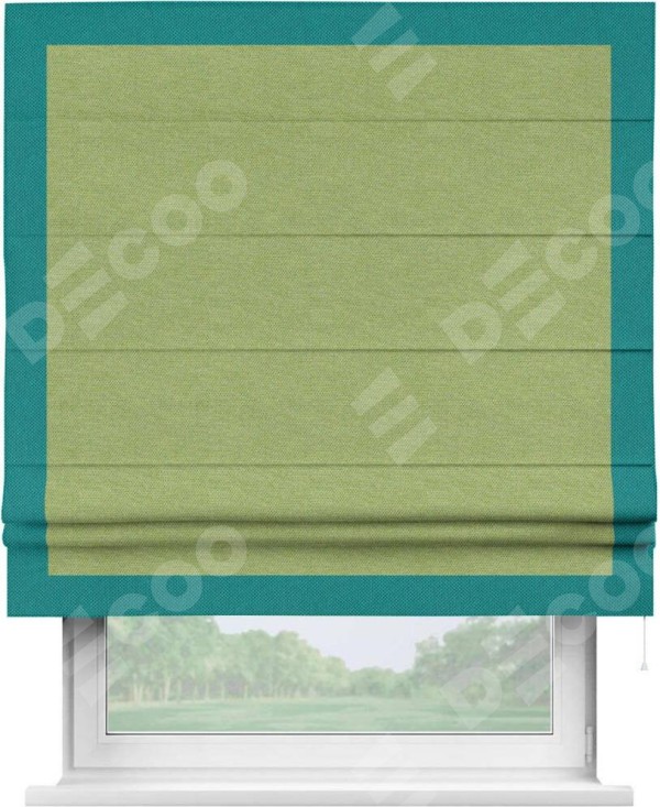 Римская штора «Кортин» с кантом Чесс, для проема, ткань лён димаут, салатовый