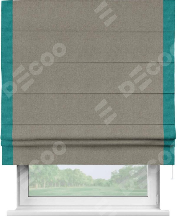 Римская штора «Кортин» с кантом Стрим Дуо, для проема, ткань лён димаут, серо-зелёный