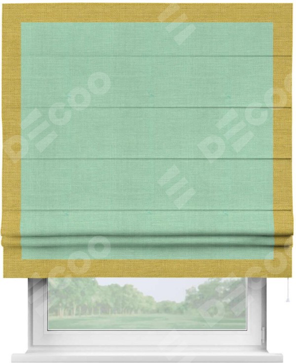 Римская штора «Кортин» с кантом Чесс, для проема, ткань лён светло-бирюзовый