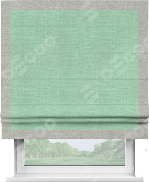 Римская штора «Кортин» с кантом Чесс, для проема, ткань лён светло-бирюзовый