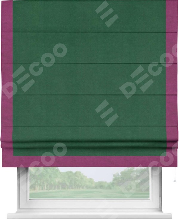 Римская штора «Кортин» с кантом Виктория, для проема, ткань вельвет зеленый