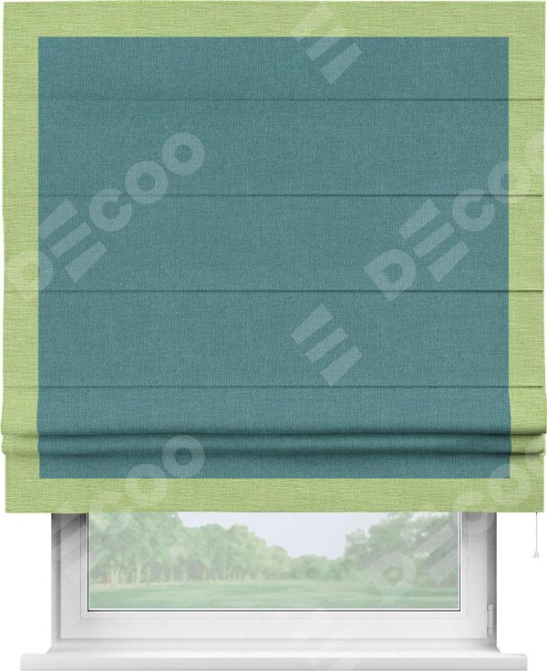 Римская штора «Кортин» с кантом Чесс, для проема, ткань лён бирюзовый