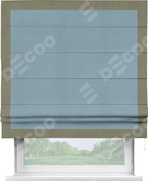 Римская штора «Кортин» с кантом Чесс, для проема, ткань блэкаут однотонный серо-голубой