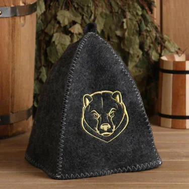 Шапка для бани серая с вышивкой "Медведь"
