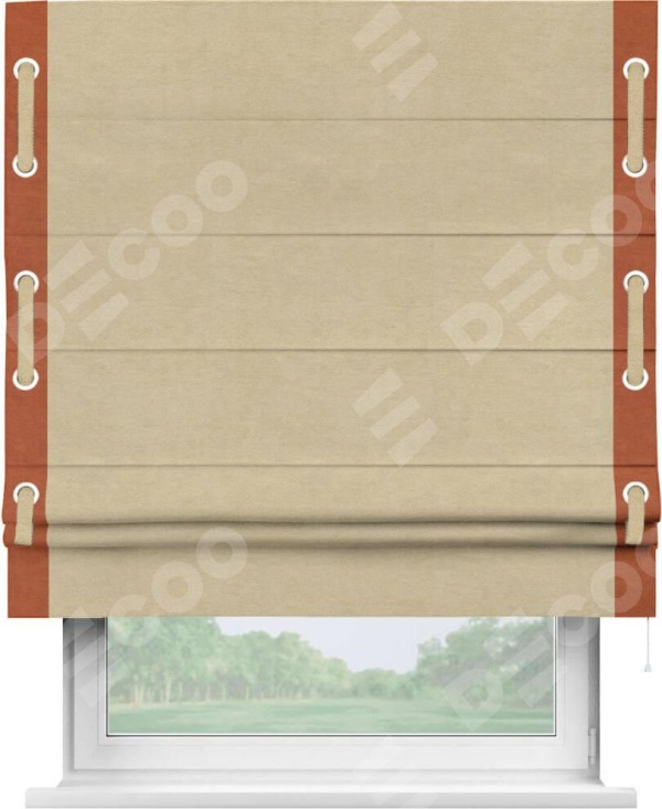 Римская штора «Кортин» с кантом Стрим Дуо (люверсы с пояском), для проема, ткань вельвет бежевый