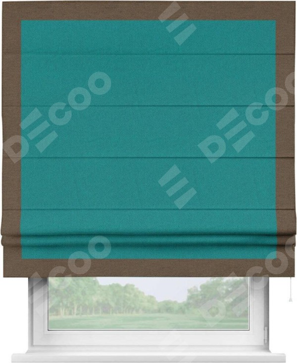 Римская штора «Кортин» с кантом Чесс, для проема, ткань лён димаут, тёмно-бирюзовый