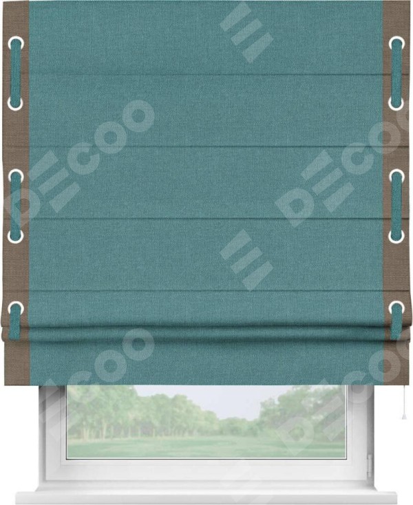 Римская штора «Кортин» с кантом Стрим Дуо (люверсы с пояском), для проема, ткань лён бирюзовый