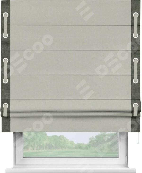 Римская штора «Кортин» с кантом Стрим Дуо (люверсы с пояском), для проема, ткань лён димаут, светло-серый
