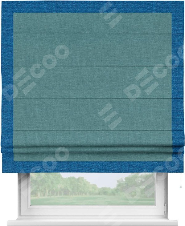 Римская штора «Кортин» с кантом Чесс, для проема, ткань лён бирюзовый