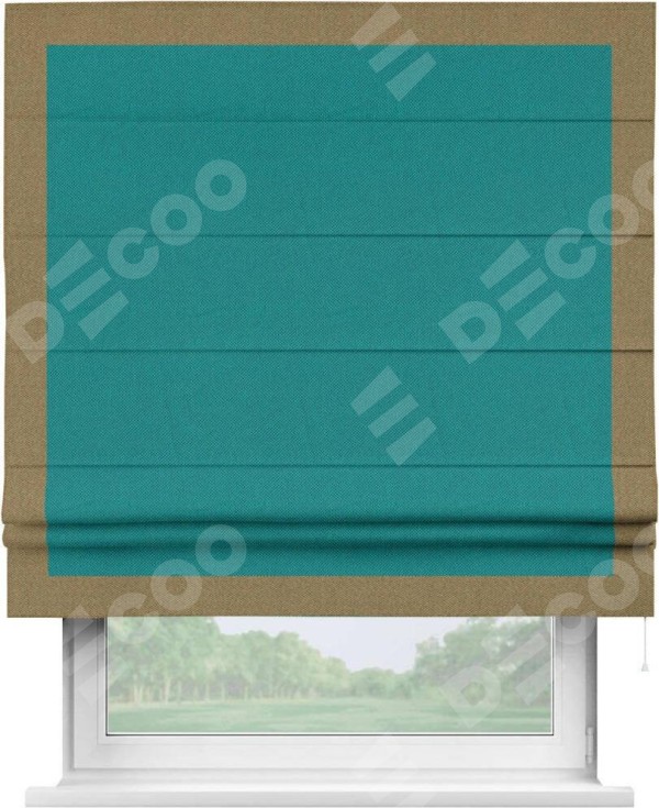Римская штора «Кортин» с кантом Чесс, для проема, ткань лён димаут, тёмно-бирюзовый