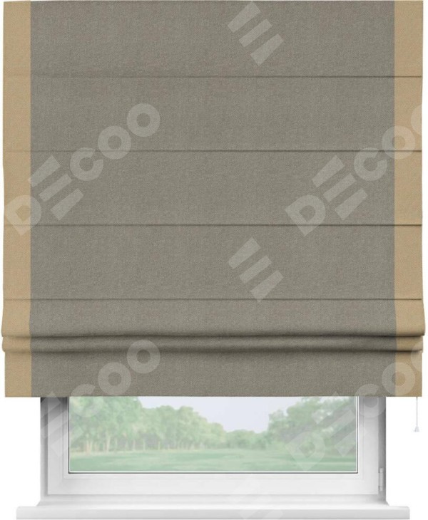 Римская штора «Кортин» с кантом Стрим Дуо, для проема, ткань лён димаут, серо-зелёный