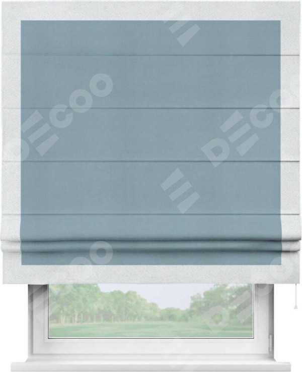 Римская штора «Кортин» с кантом Чесс, для проема, ткань блэкаут однотонный серо-голубой