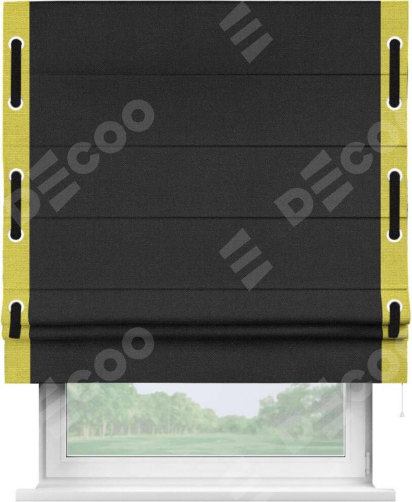 Римская штора «Кортин» с кантом Стрим Дуо (люверсы с пояском), для проема, ткань лён черный